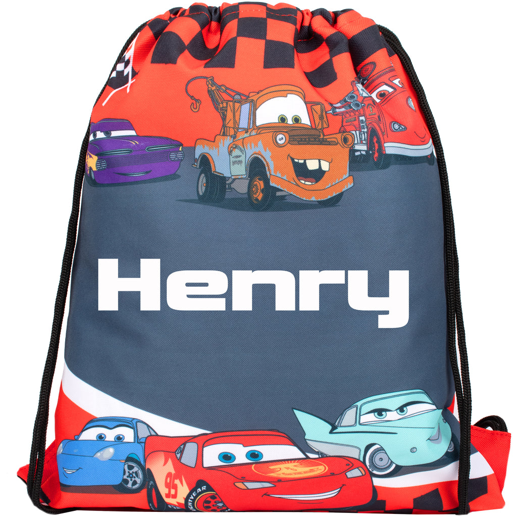 A personalised drawstring bag featuring Disney Cars characters with a name in white text on the front. The bag is predominantly red with an illustration of cars in a checkered background.