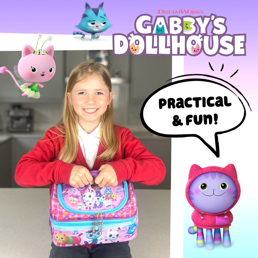 Girl with a colorful backpack, Gabby's Dollhouse branding, and character illustrations on a light purple background.