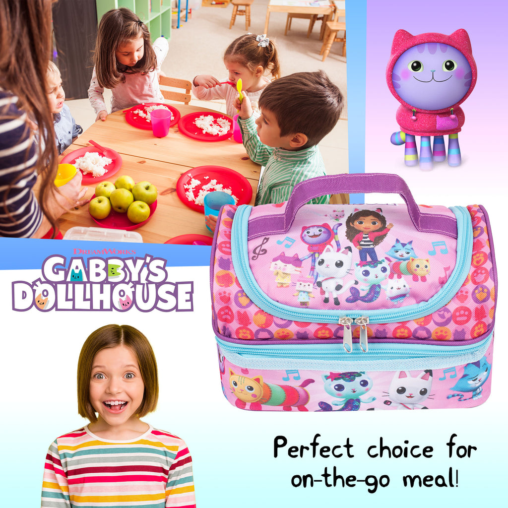 Colorful toy bag with cartoon characters, children playing at a table, and a girl smiling.