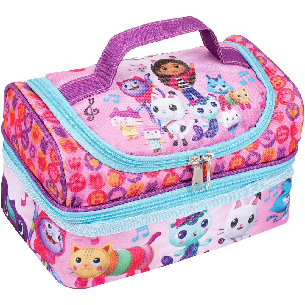 Pink children's Gabby's Doll House lunch bag with cartoon characters on a white background