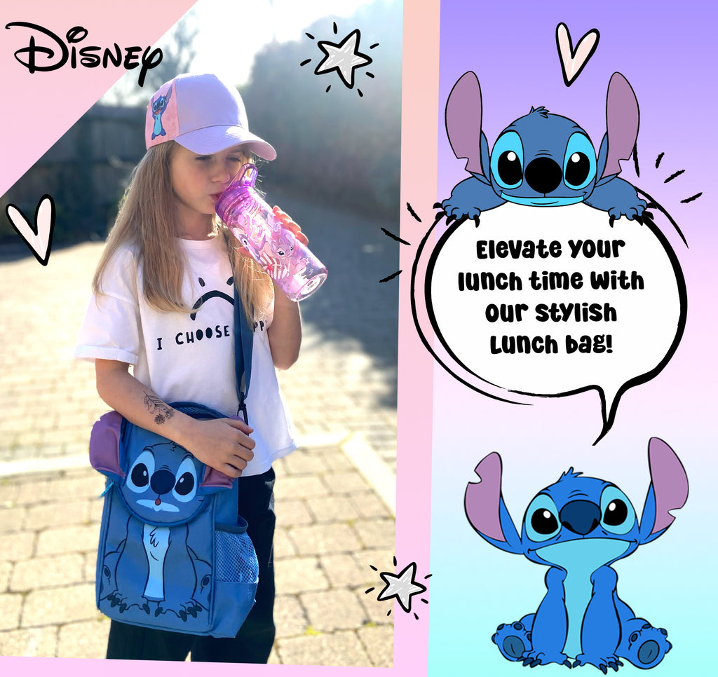 Person holding a Disney-Stitch-themed lunch bag with cartoon character, promotional text on pink background