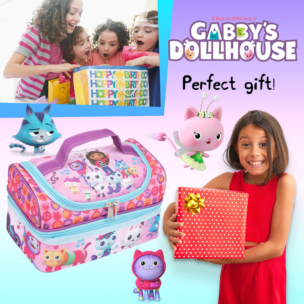 Children with a 'Happy Birthday' bag, colorful toy case, and a girl holding a gift box with 'Gabby's Dollhouse' branding.