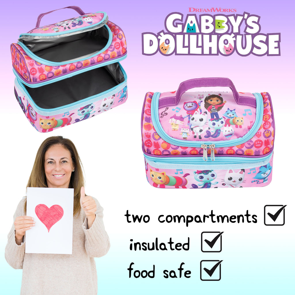Colorful insulated lunch bag with 'Gabby's Dollhouse' design, held by a person, on a light purple background.