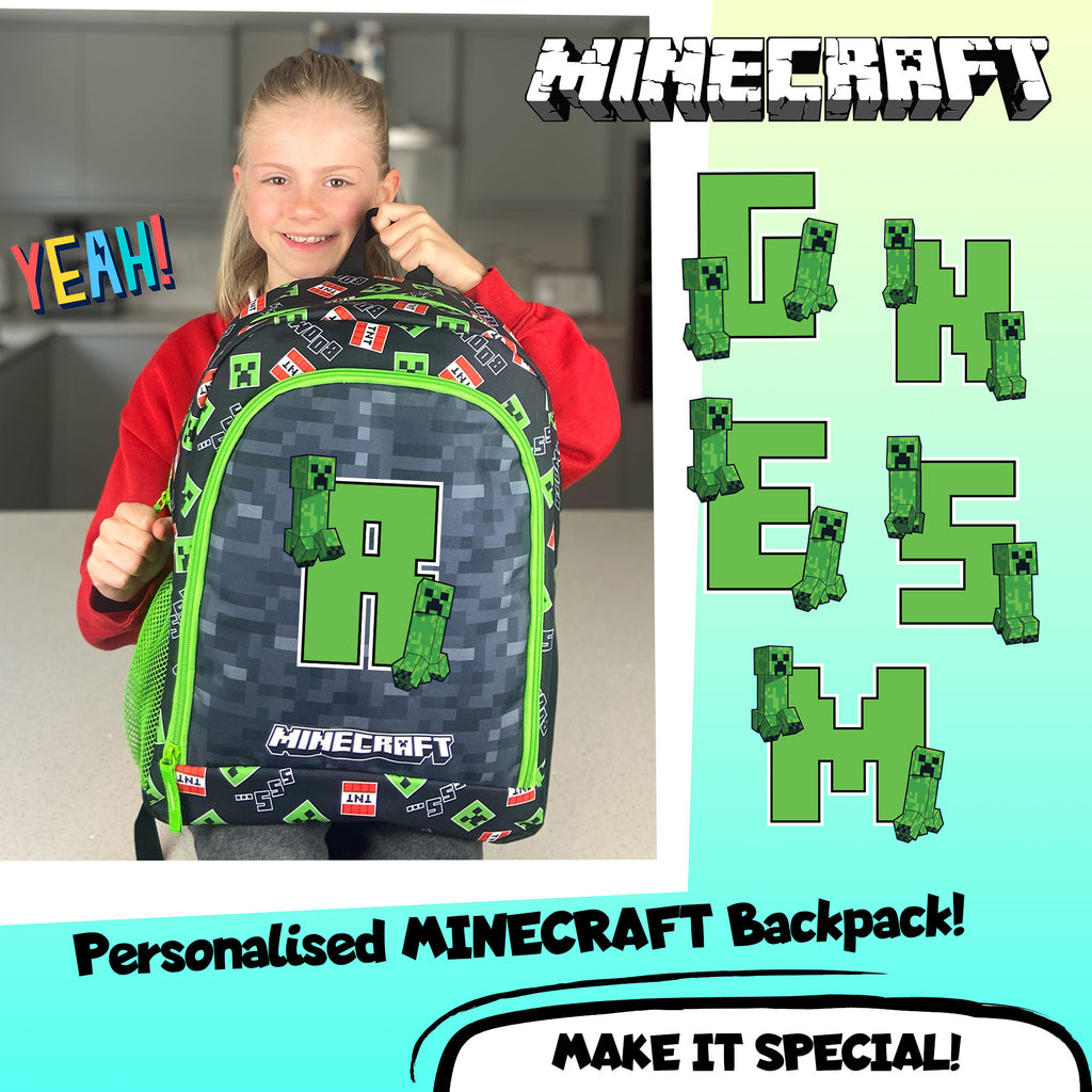 Person holding a Minecraft-themed backpack with character designs on a light blue background.