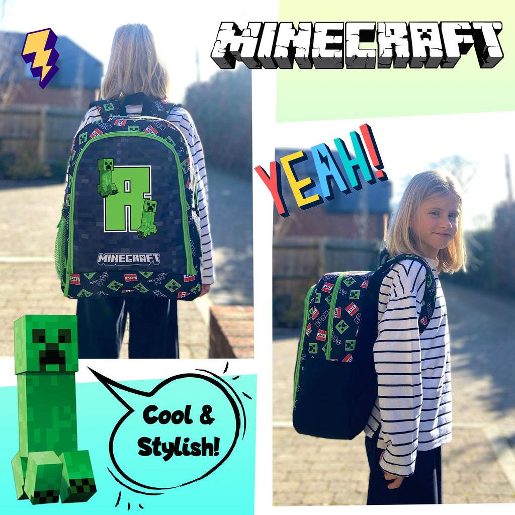 Child wearing a Minecraft backpack with character design, surrounded by promotional text and graphics.