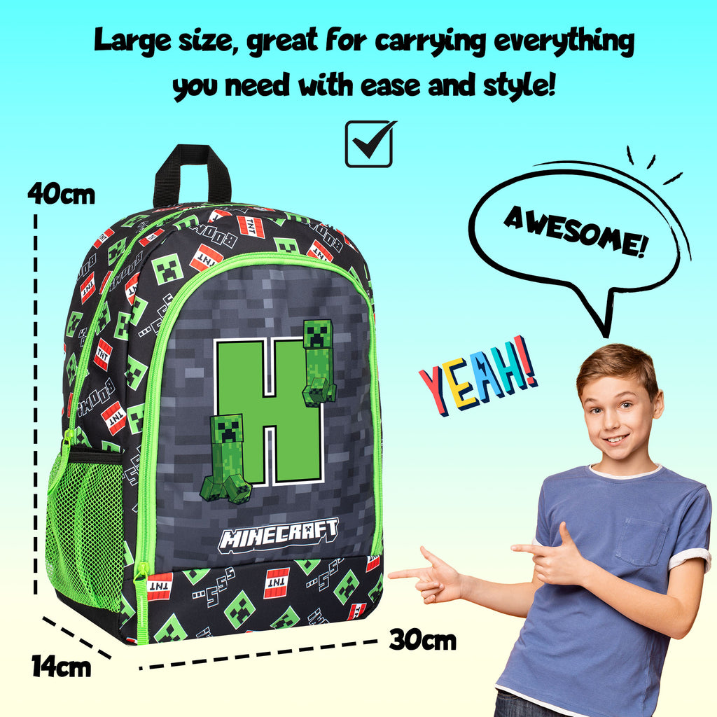 Backpack with Minecraft design, measurements, and child pointing at it on a colorful background