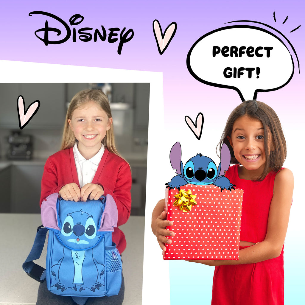 Two children with Disney Stitch-themed backpack and gift, with 'Disney' branding.