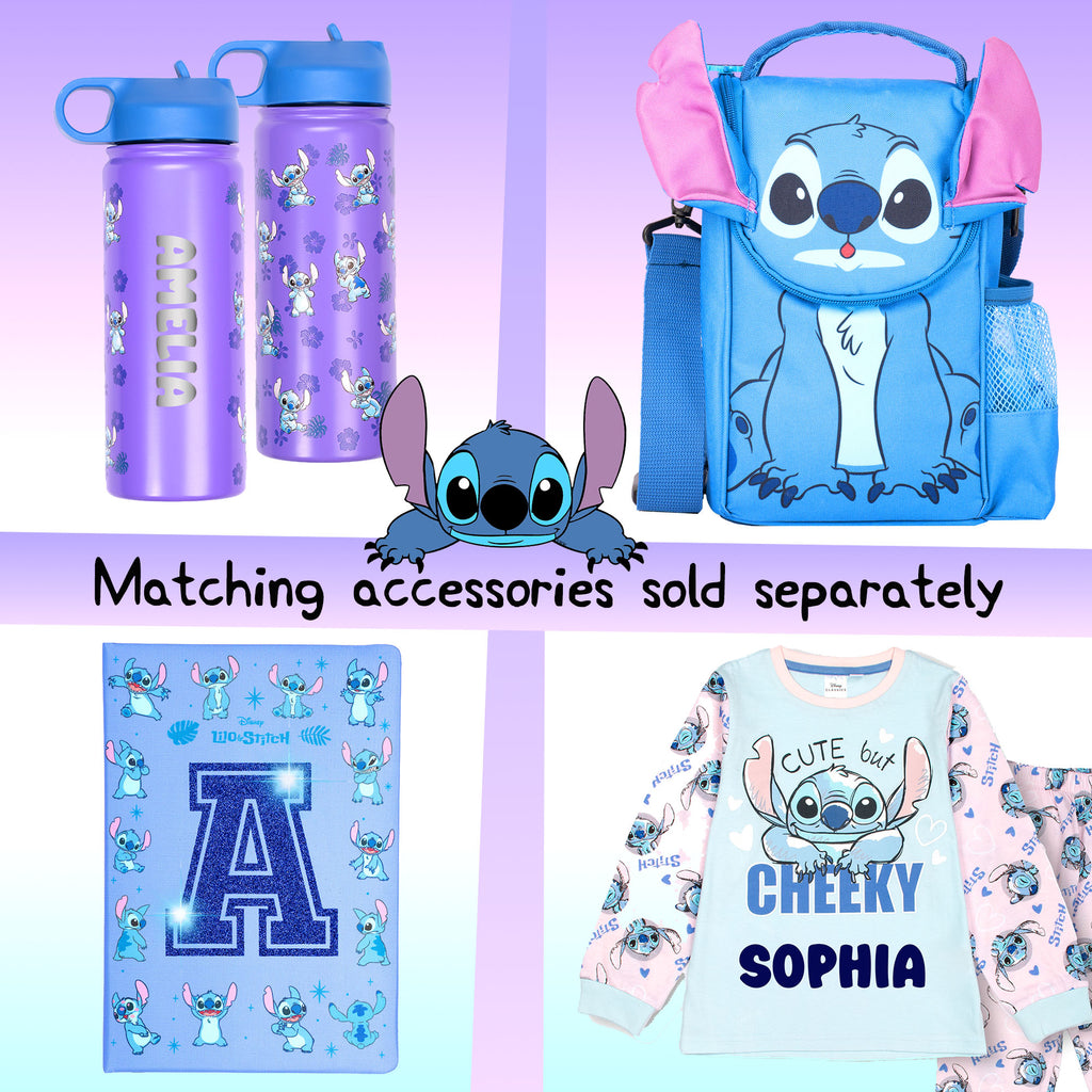 Collage of Disney Stitch -themed products including water bottles, backpack, and clothing with a character design on a purple background.