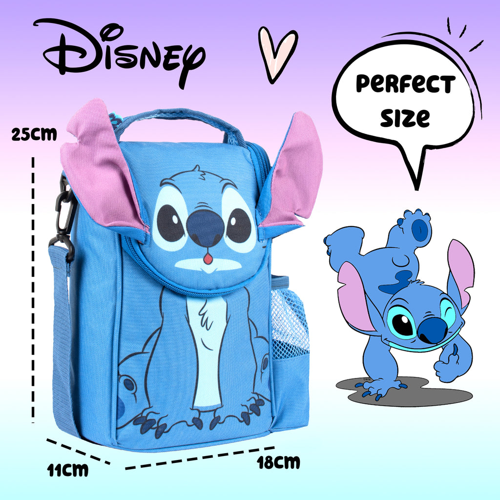 Blue Stitch Lunch bag with cartoon character, Disney logo, and measurements on a light purple background