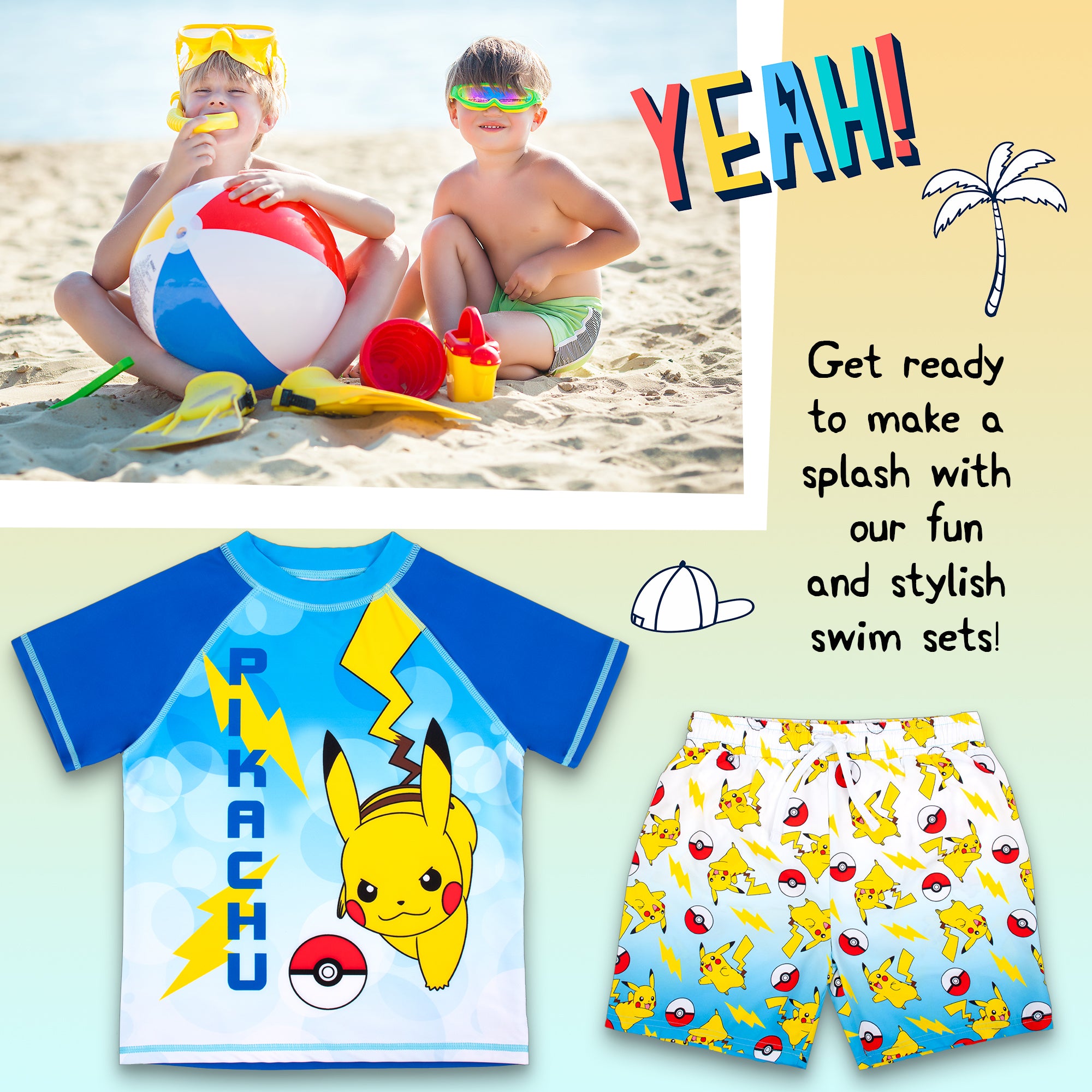 Pokemon Rashie Pokemon Bathing Suits Printed Swimsuit Neon Green/Pokémon Kids