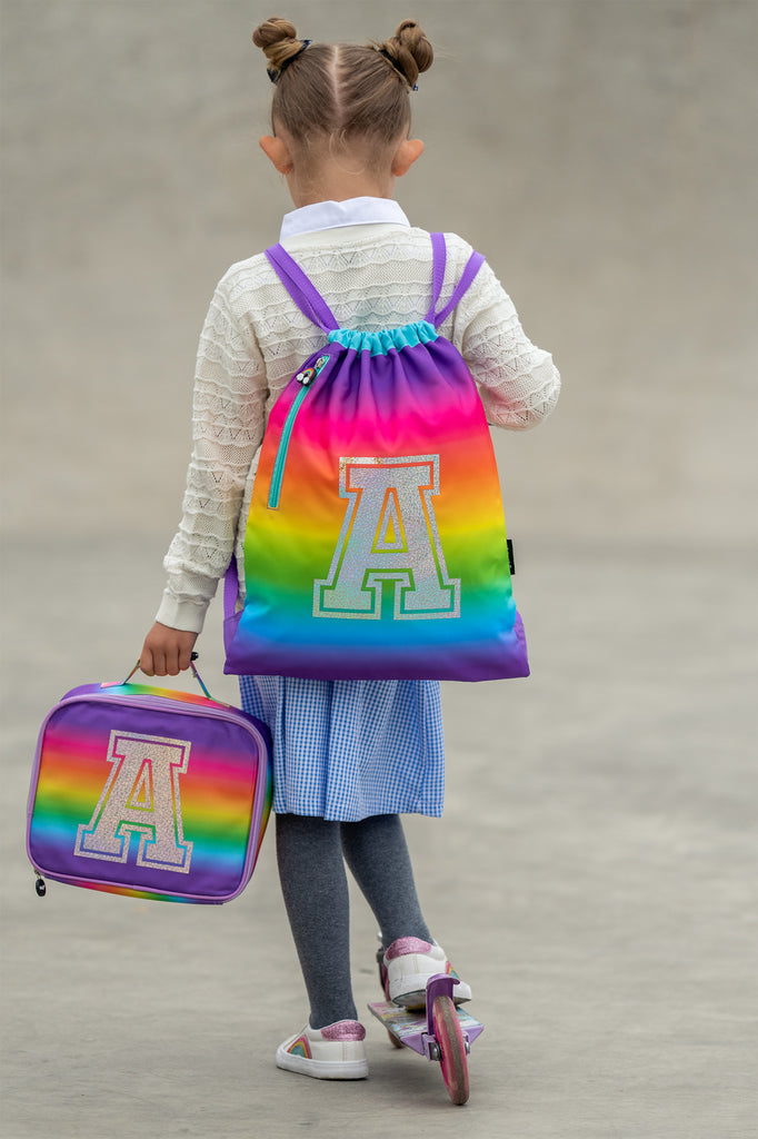 rainbow pe bag and lunch bag with personalised initial letter 
