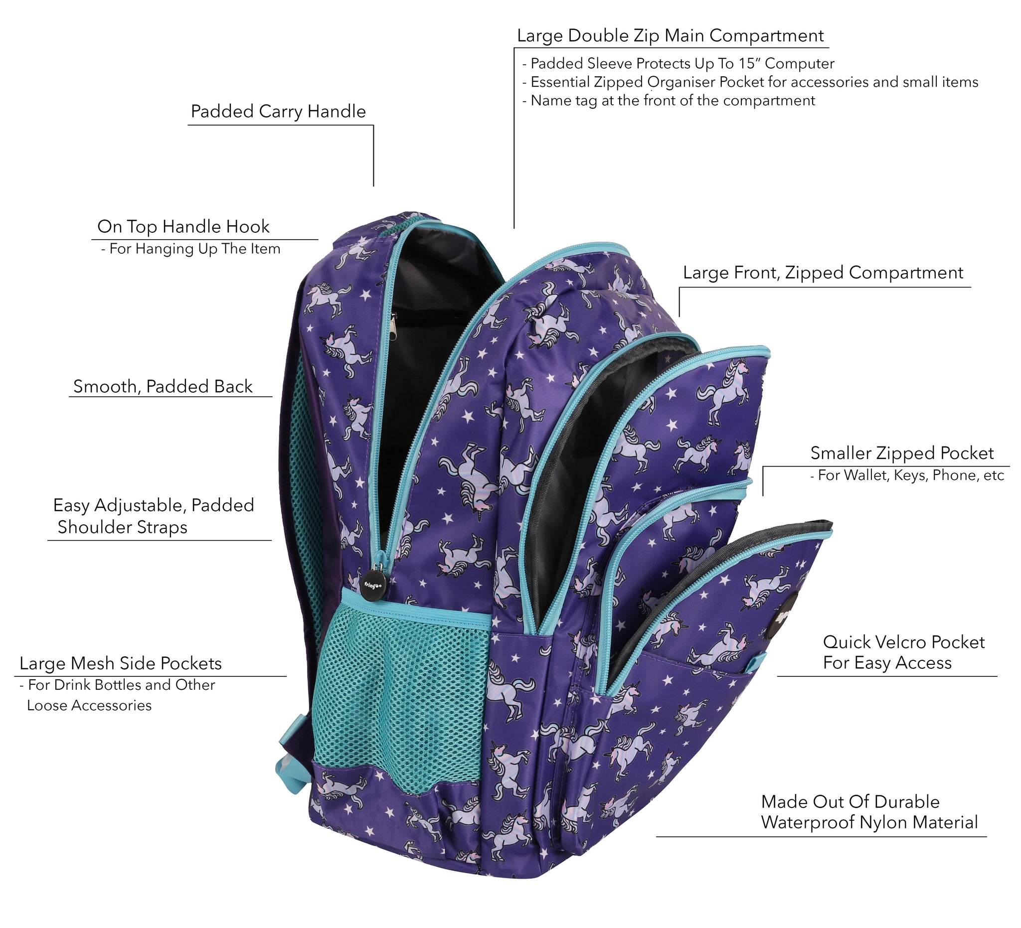 Fringoo - Personalised Large Kids Backpack For Kids School Multi-compartment Bag Rucksack For