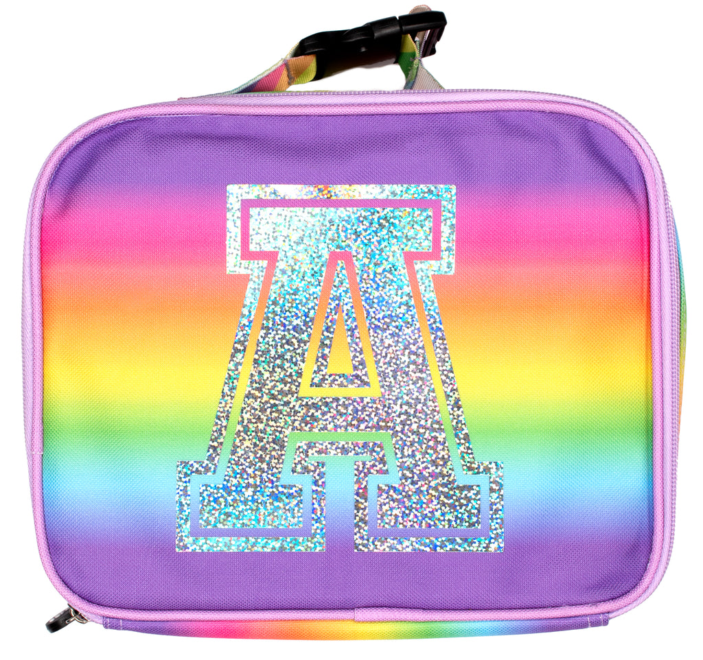 personalised glitter letter girls lunch bag 