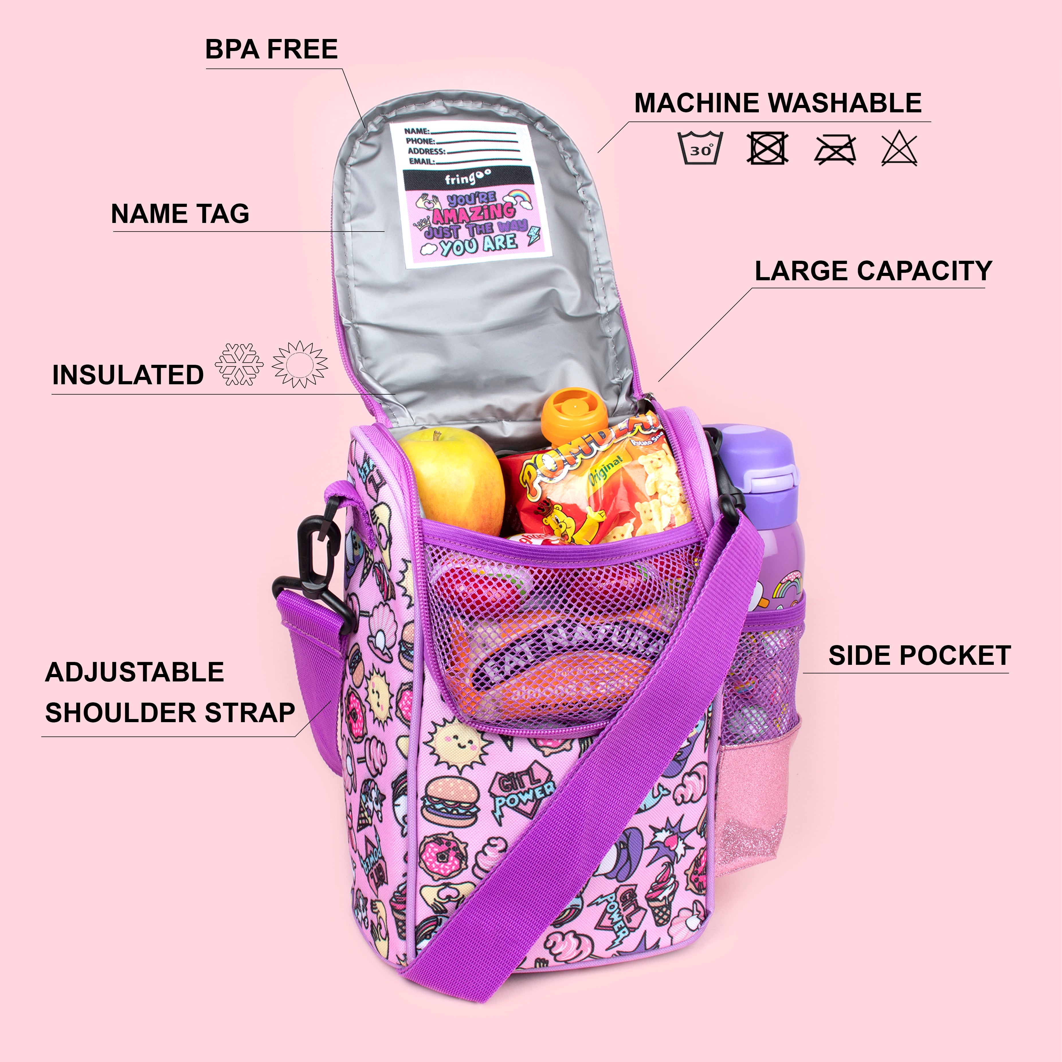 Fringoo Kids Personalised Lunch Bag Large Capacity Strap Thermal